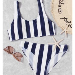 shein navy & white striped bikini